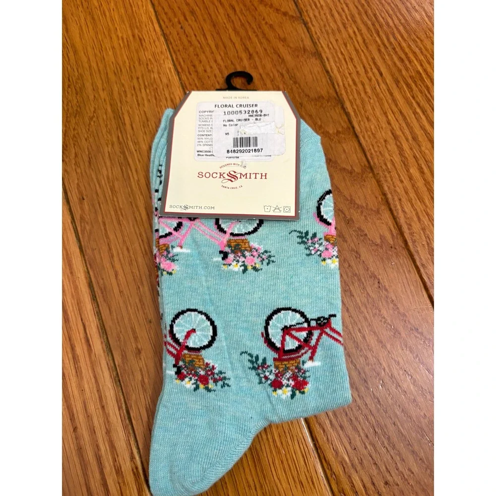 Socksmith Floral Cruiser Blue Heather Graphic Cotton Crew Socks WNC3508-BHT NEW